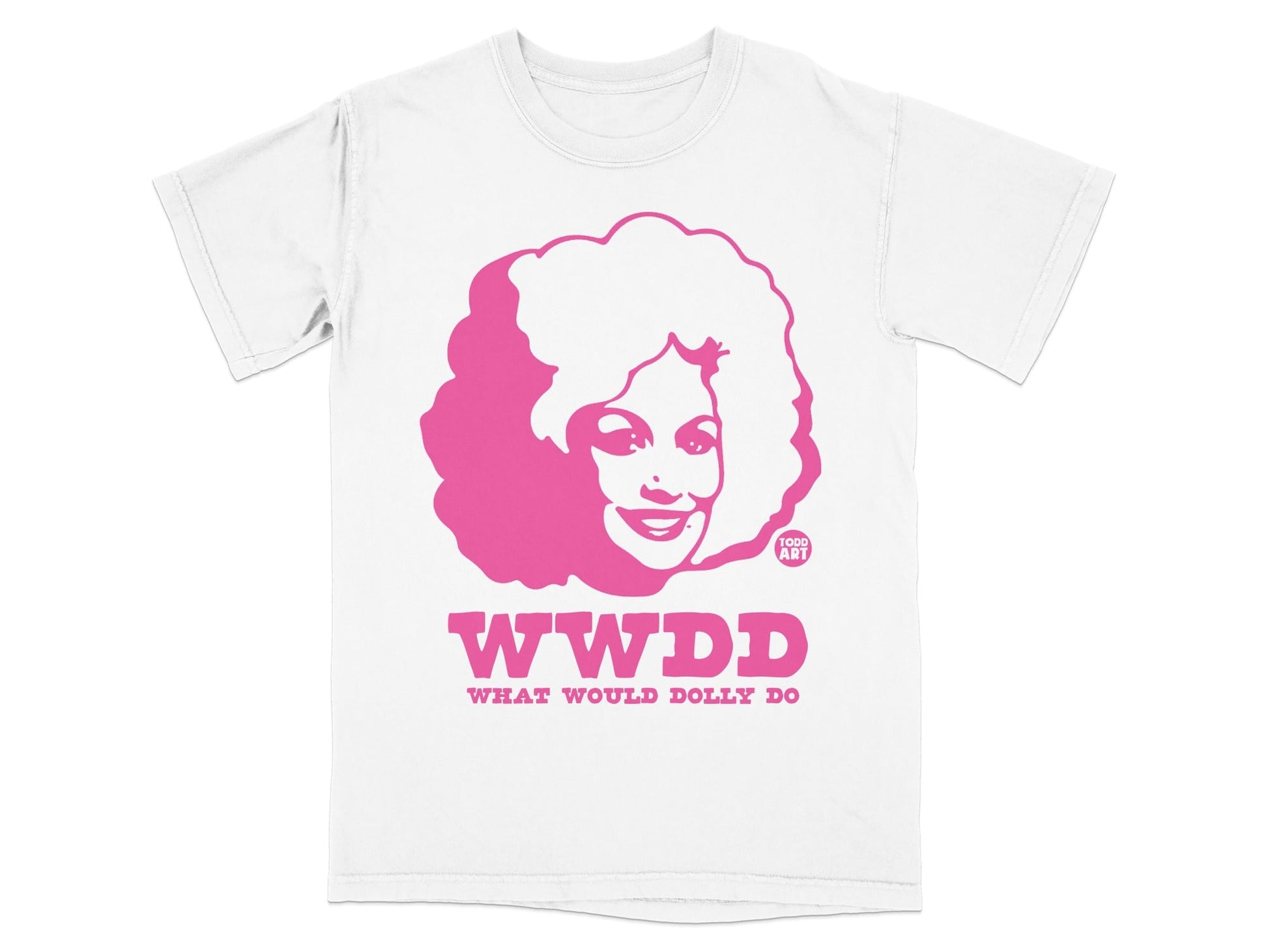 Pink graphic tee with "WWDD WHAT WOULD DOLLY DO" and Dolly Parton's face.