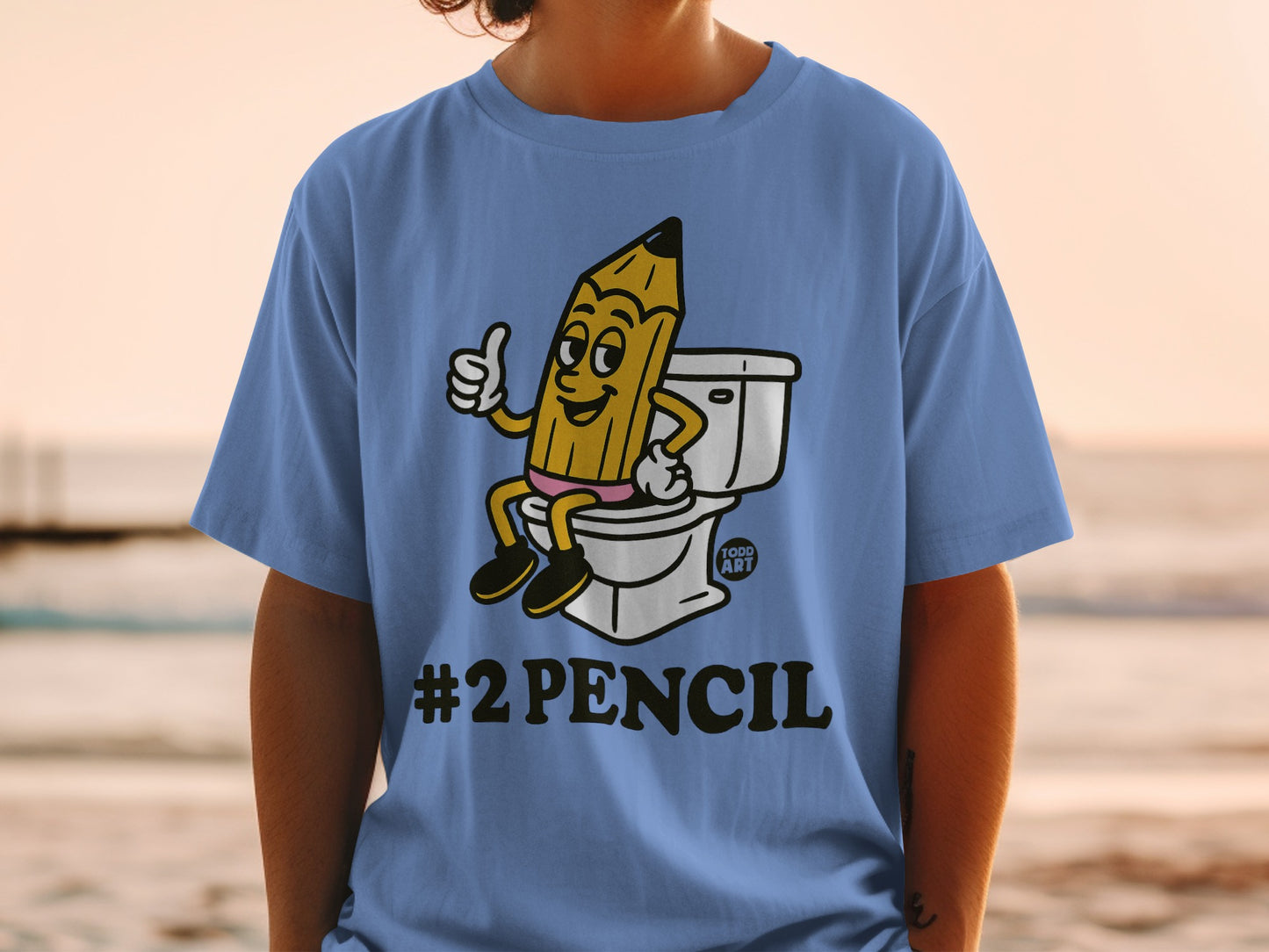 Cartoon pencil giving a thumbs up on a toilet, "#2 PENCIL" text.