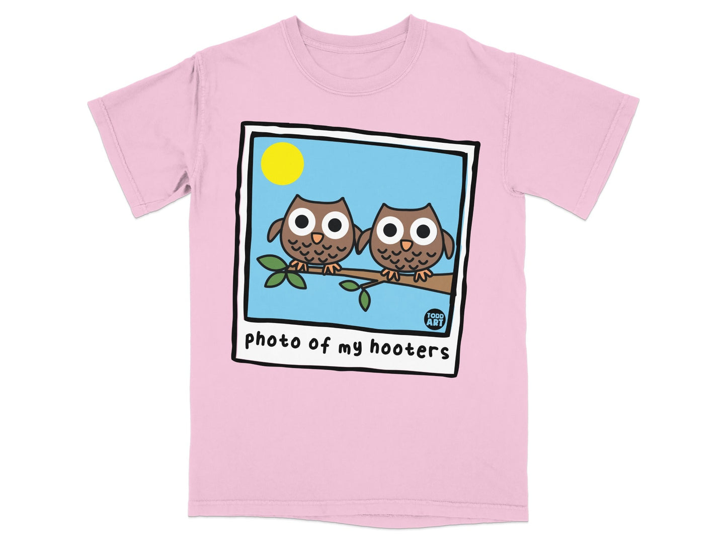 Two cartoon owls sit on a branch with the text "photo of my hooters".