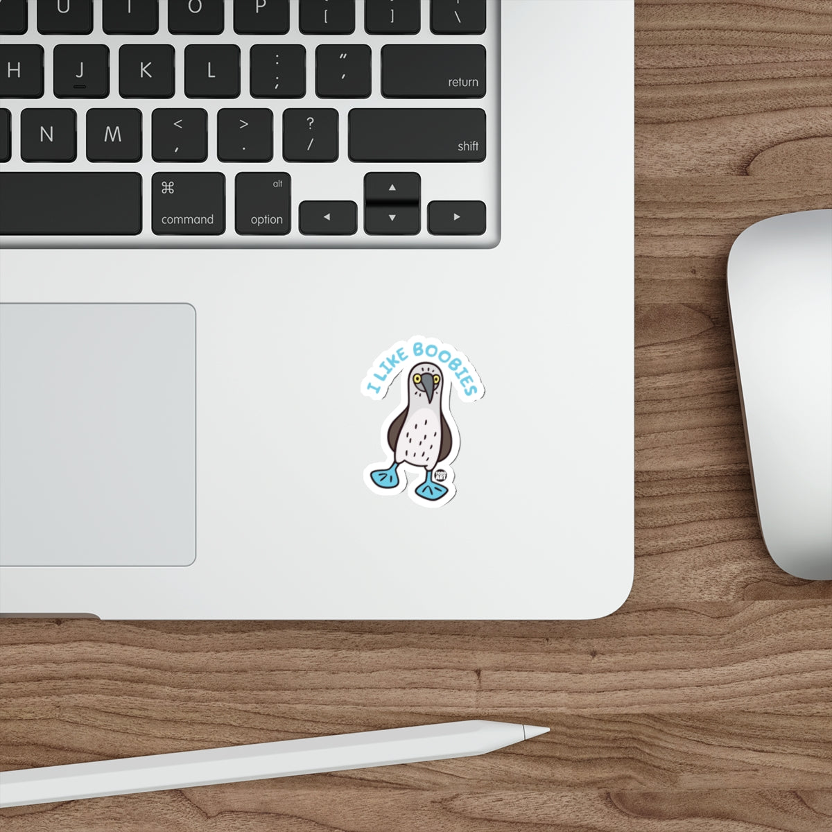 Sticker of a blue-footed booby with text "I LIKE BOOBIES".