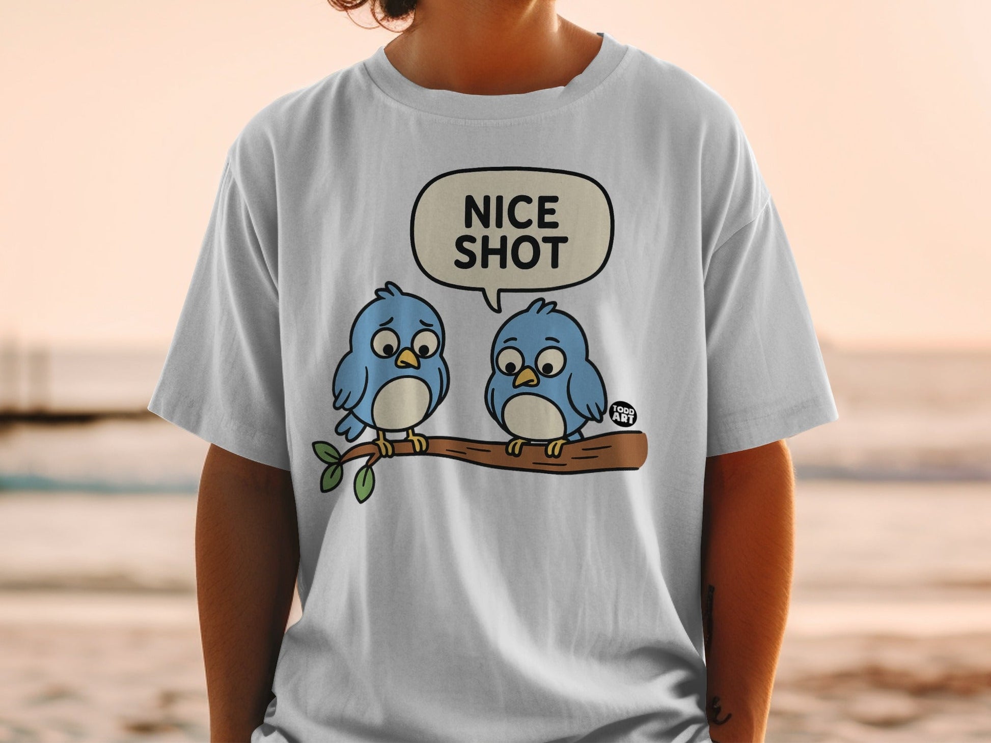 Nice Shot Cartoon Blue Birds Graphic Shirt