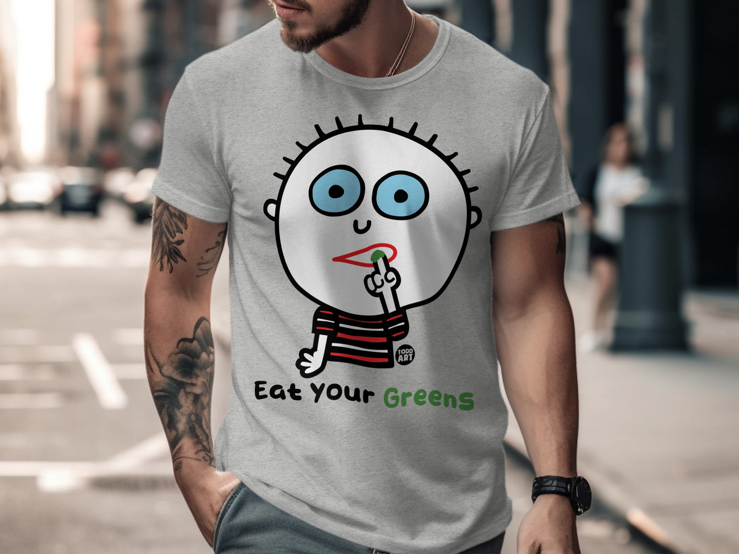 Eat Your Greens Funny Cartoon Graphic T-Shirt