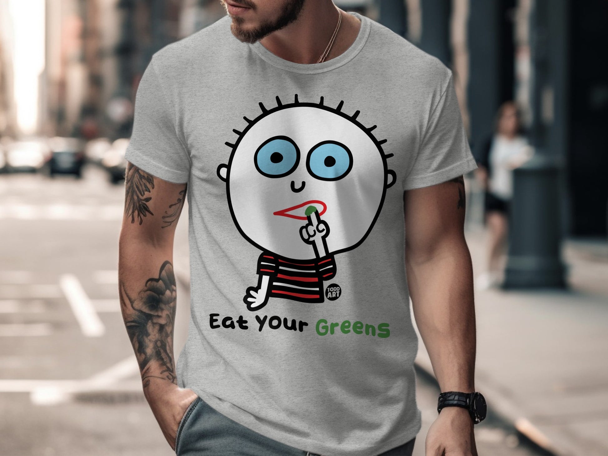 Eat Your Greens Funny Cartoon Graphic T-Shirt
