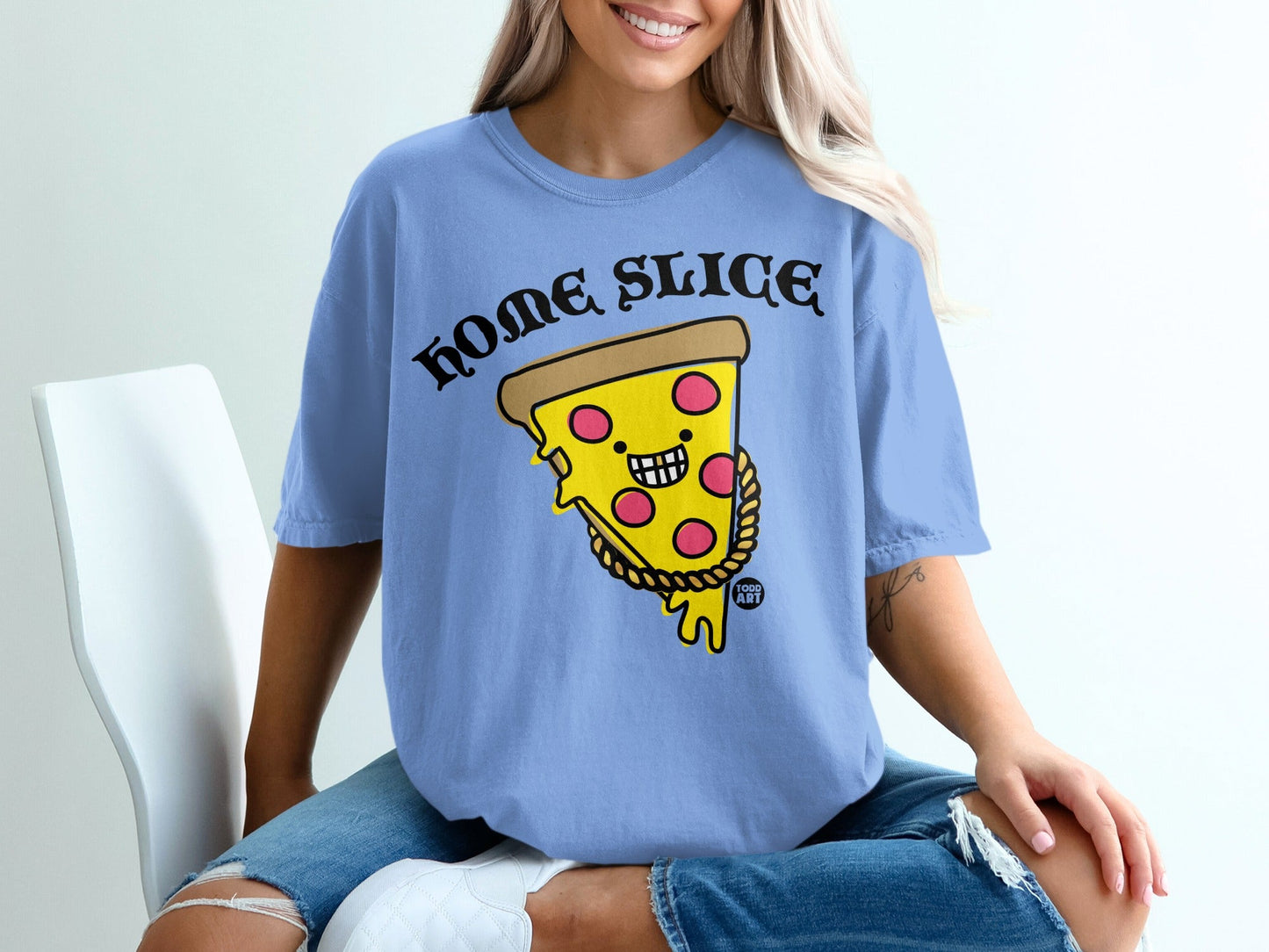 Light blue t-shirt with a cartoon pizza slice wearing a gold chain.