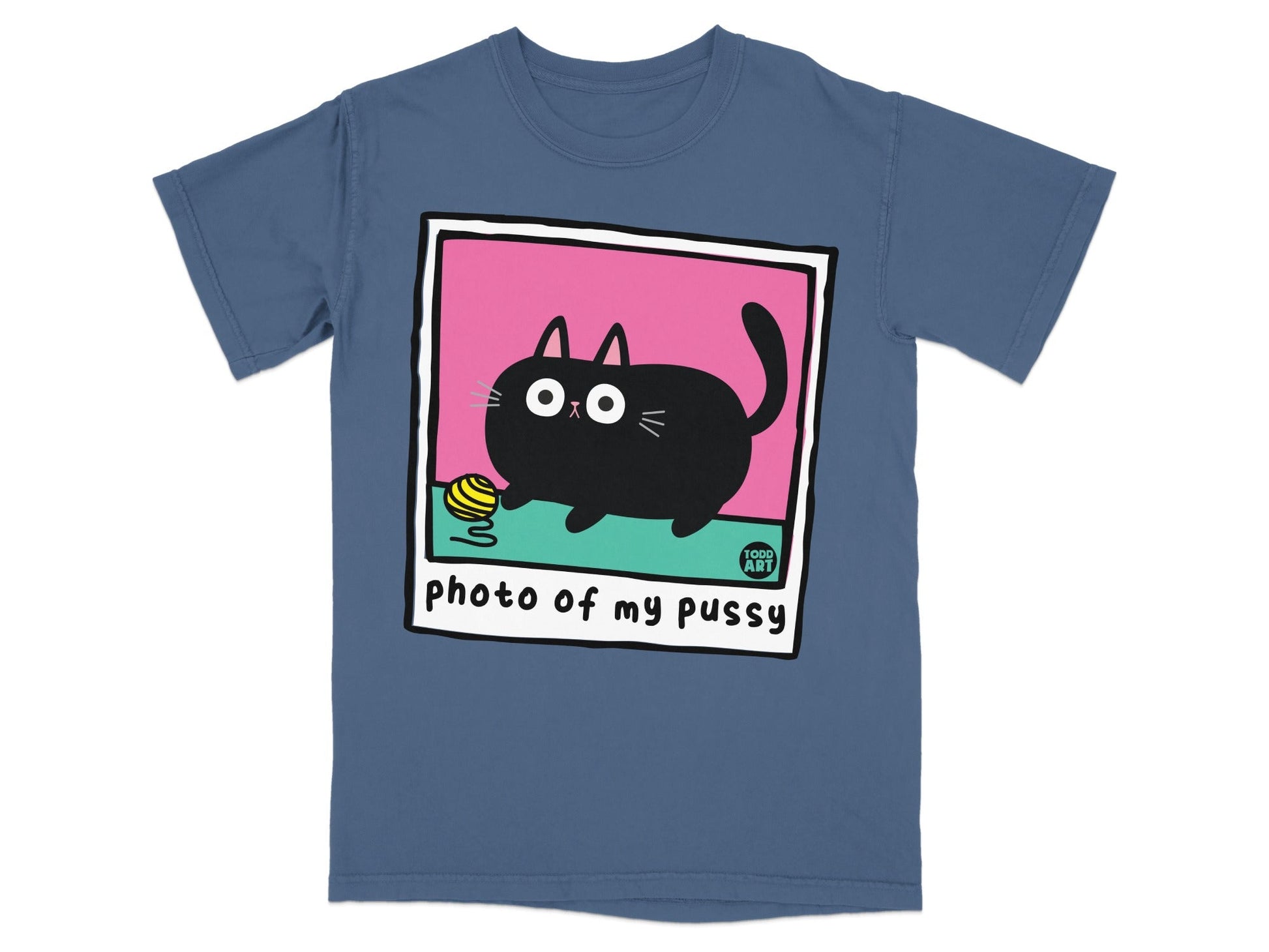 T-shirt with cartoon black cat and "photo of my pussy" text.