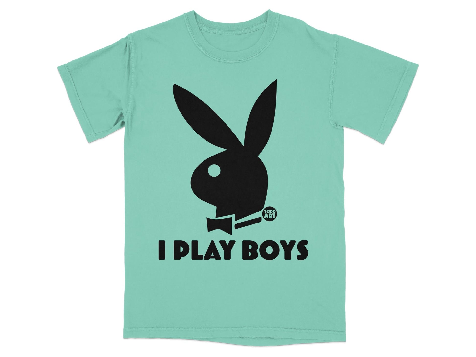 Teal t-shirt with black Playboy bunny logo and "I PLAY BOYS" text.