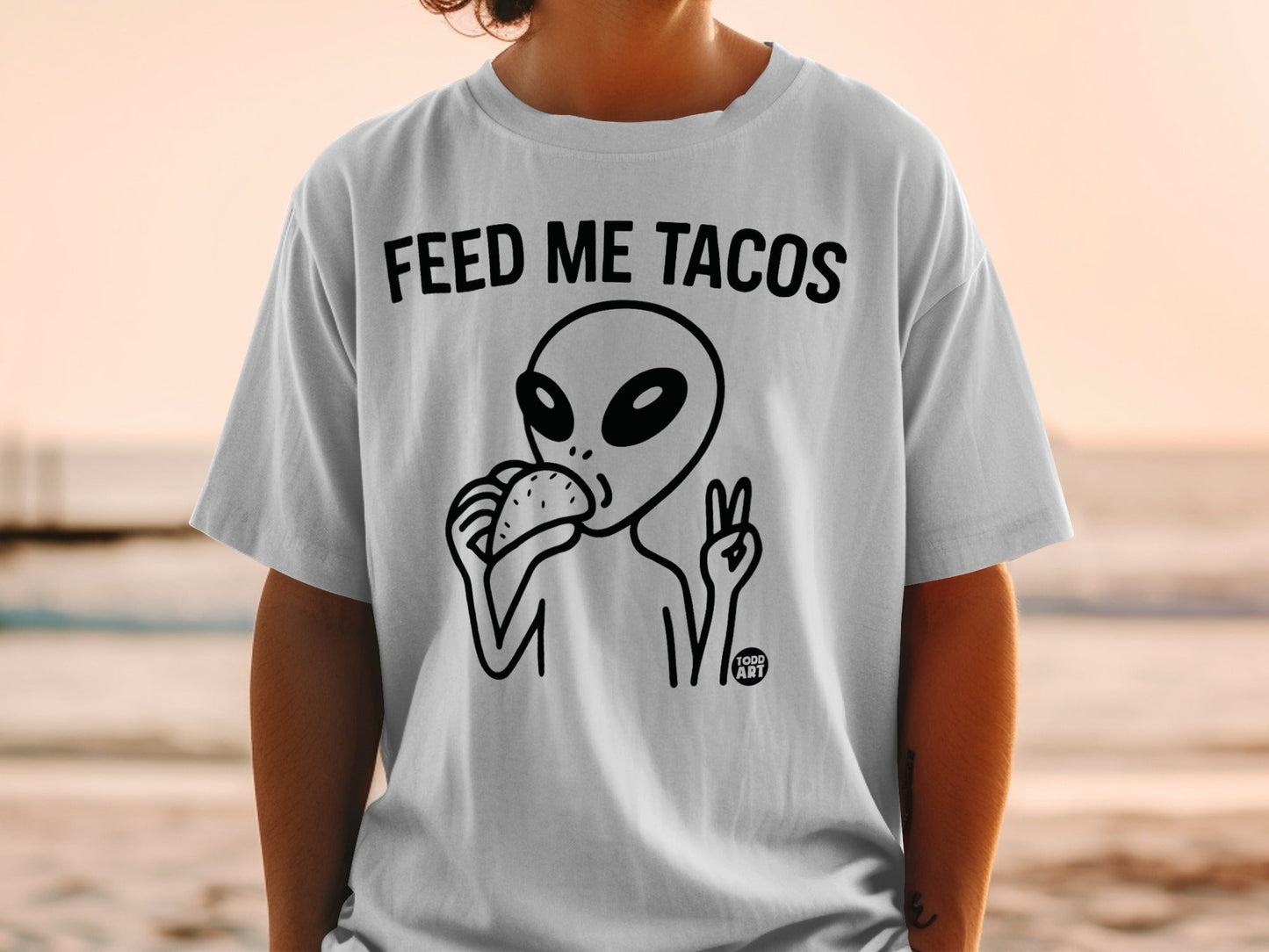 Feed Me Tacos Alien Peace Sign Graphic T-Shirt