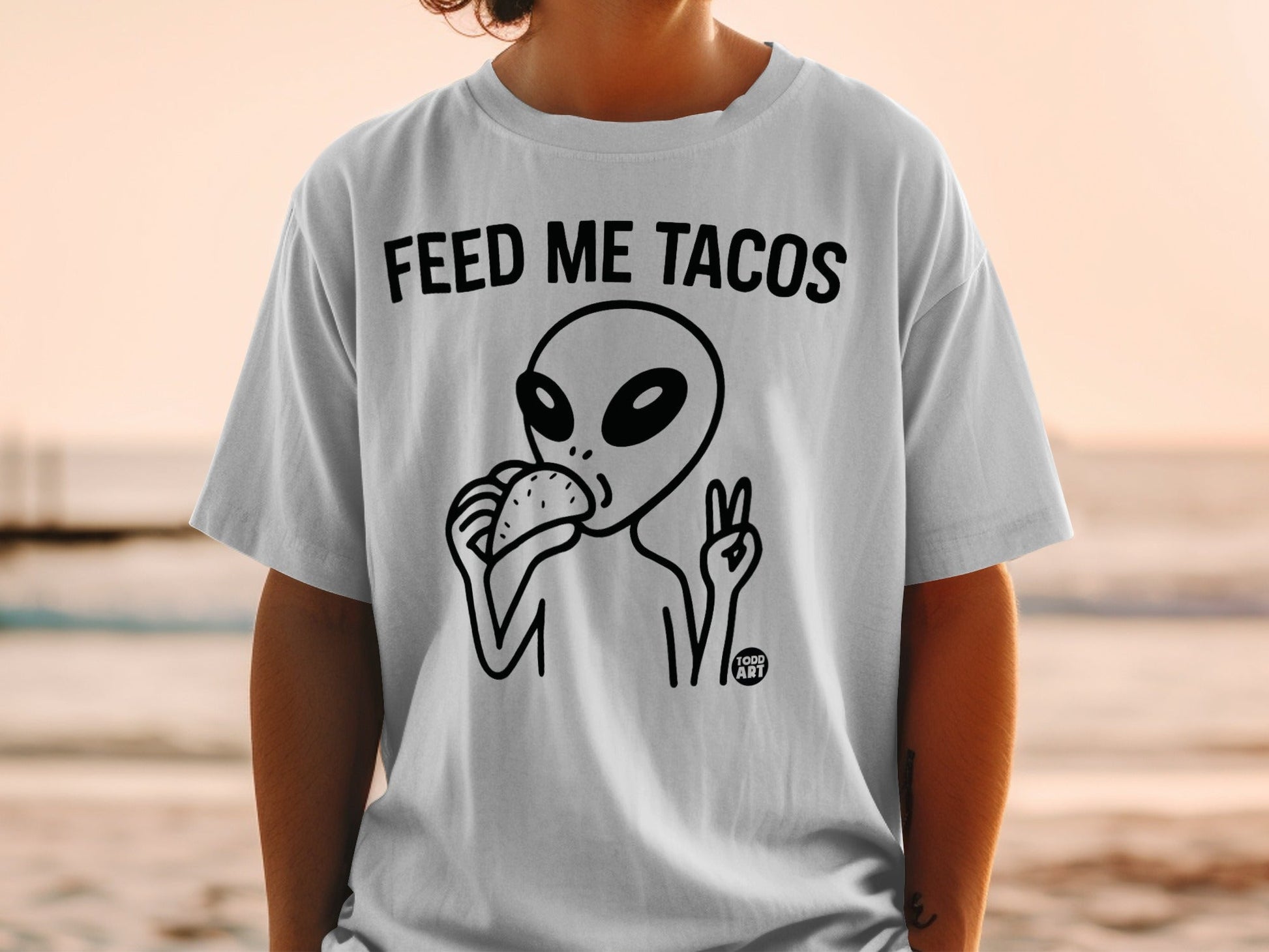 Feed Me Tacos Alien Peace Sign Graphic T-Shirt
