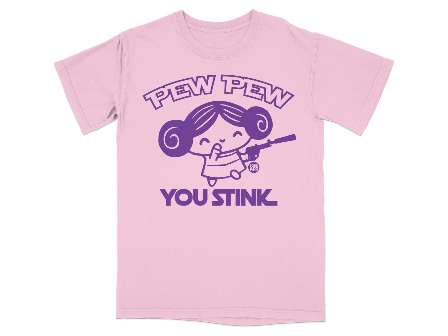 Pink t-shirt with "PEW PEW YOU STINK" and a cartoon character holding a gun.