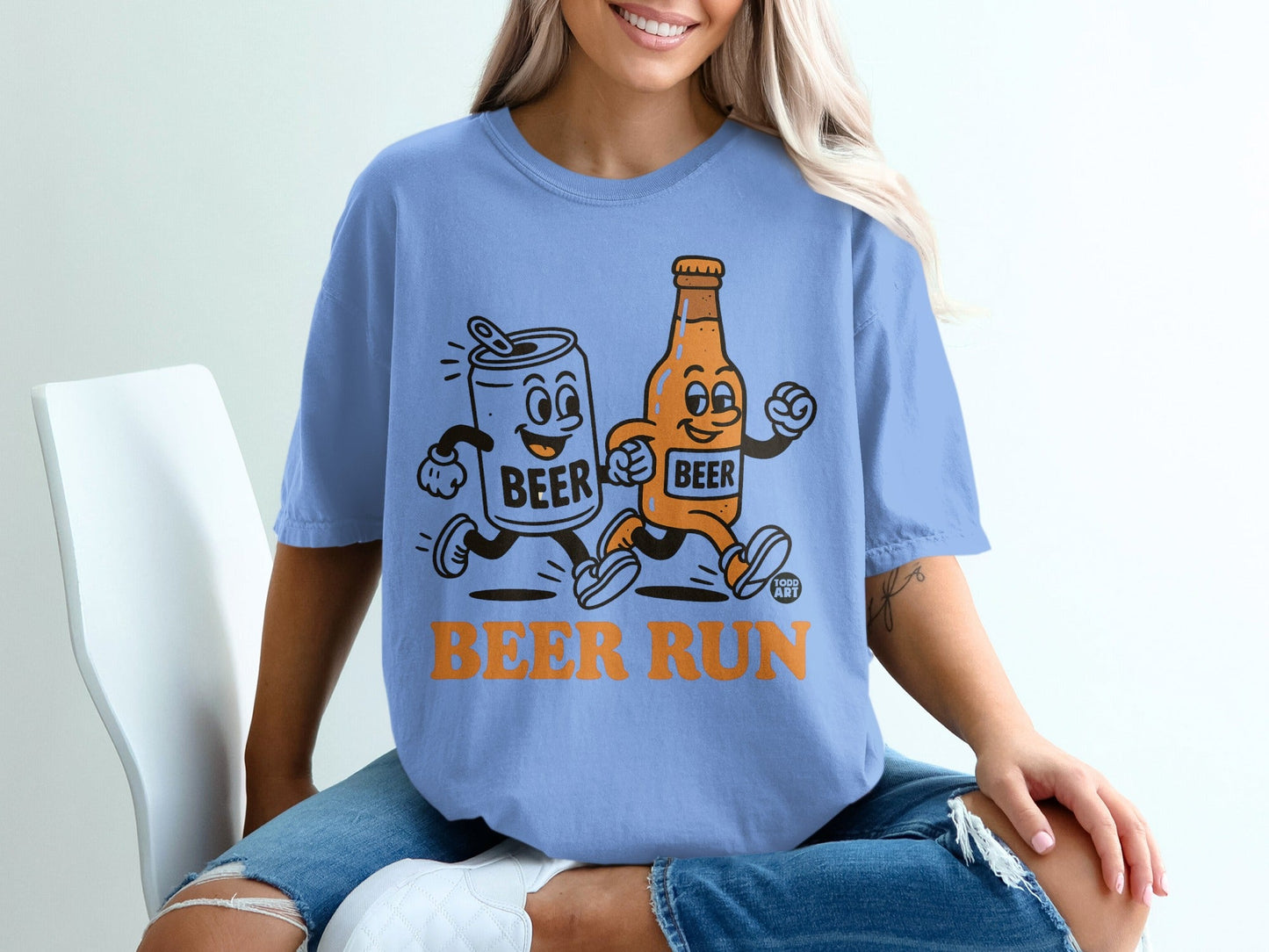 Beer Run Graphic Tee with Cartoon Bottle and Can