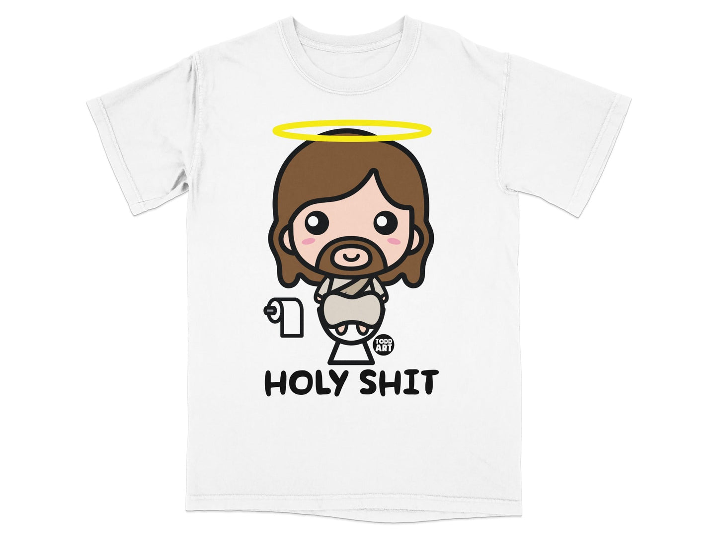 White t-shirt with cartoon Jesus, halo, and toilet paper, text reads "HOLY SHIT".