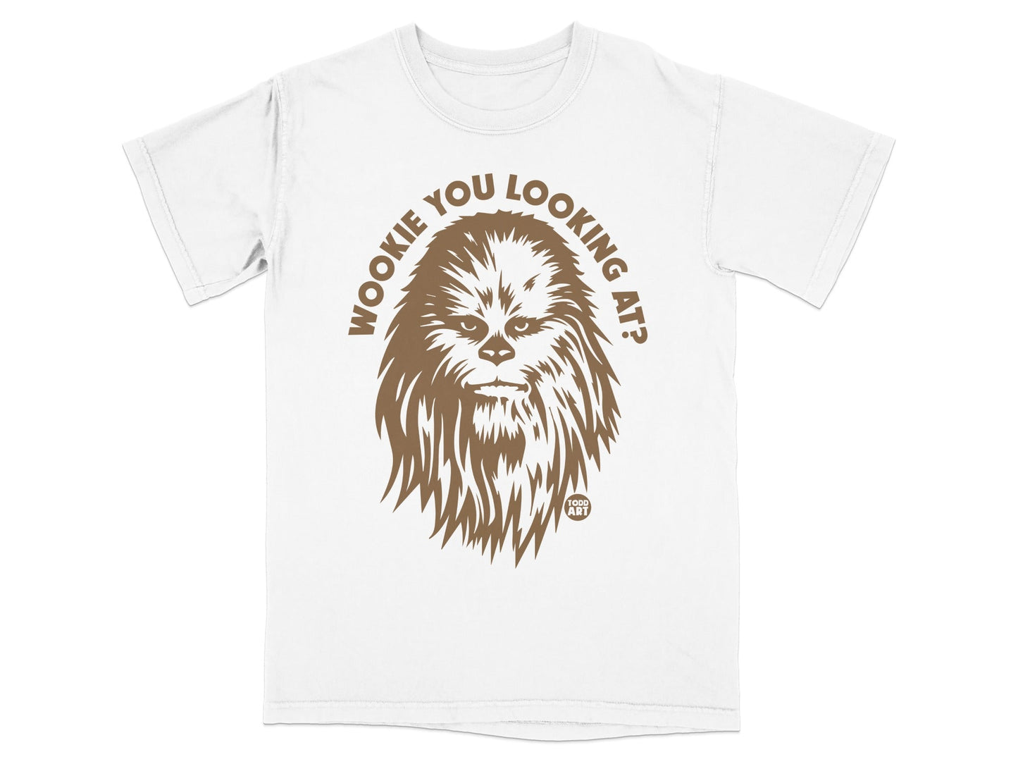 White t-shirt with Wookiee graphic and "Wookiee you looking at?" text.