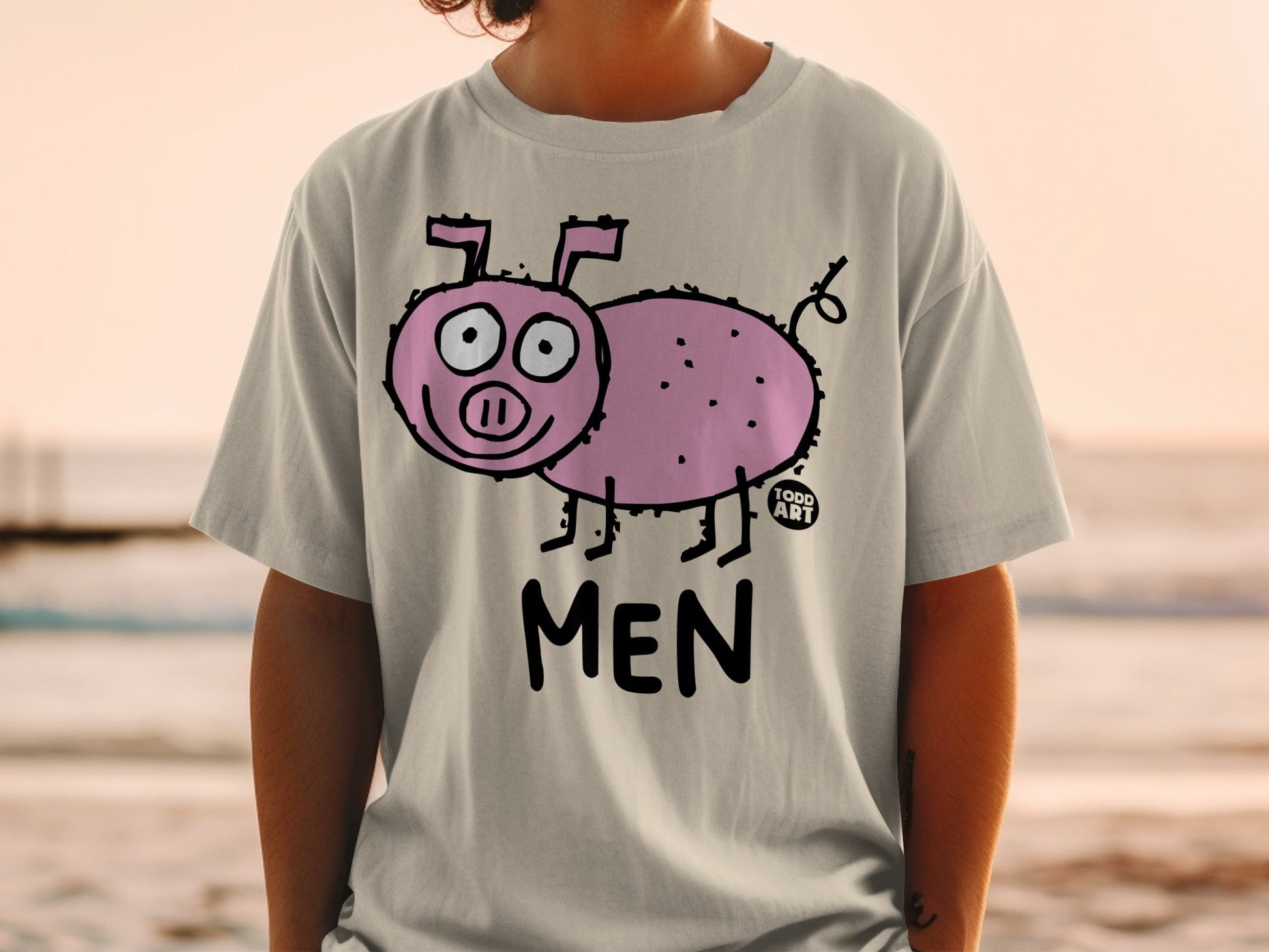 Light gray t-shirt with a cartoon pig and "MEN" text on the front.