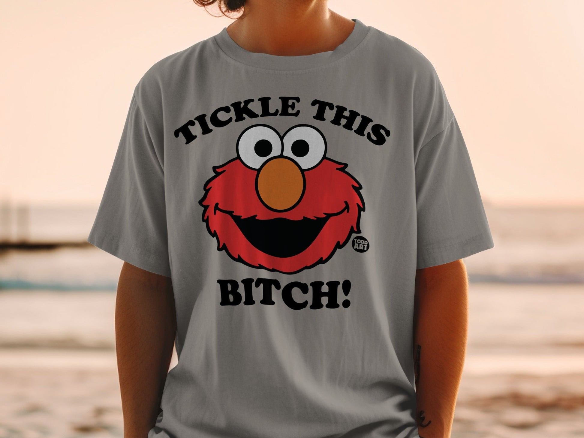 Grey t-shirt with Elmo graphic and "Tickle This Bitch!" text.