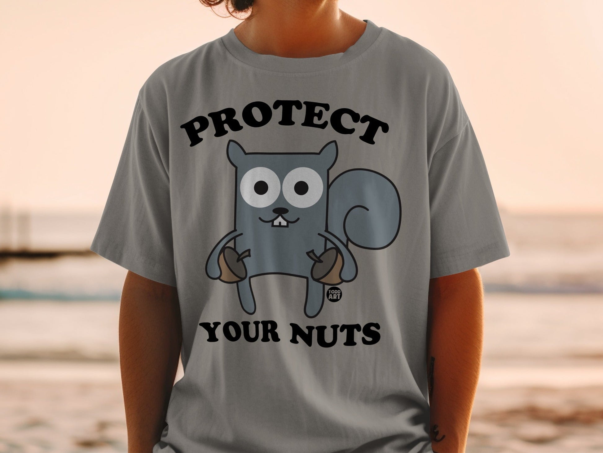 Cartoon squirrel with acorns and text "PROTECT YOUR NUTS".