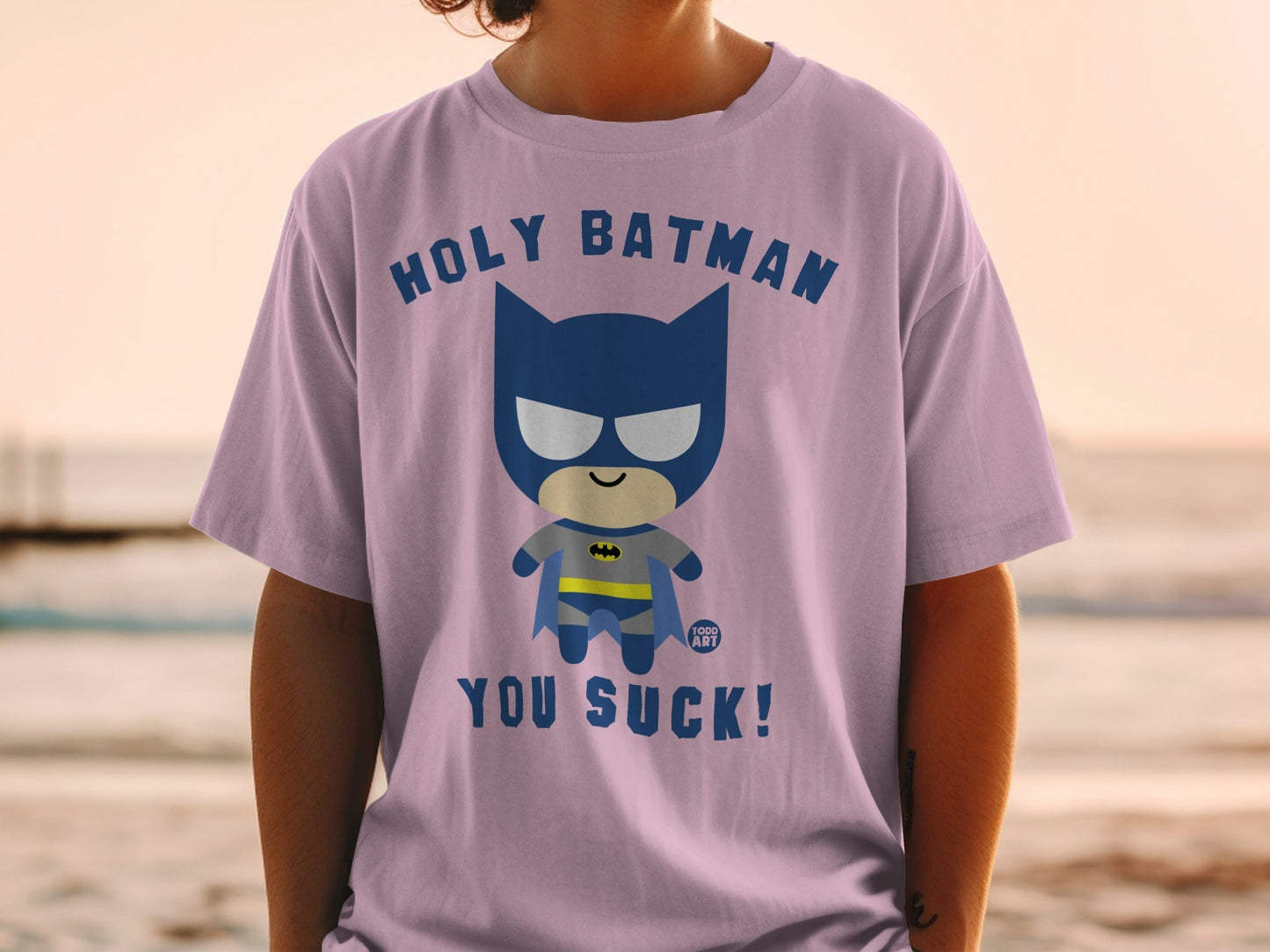 Cute chibi Batman graphic t-shirt with "HOLY BATMAN YOU SUCK!" text.