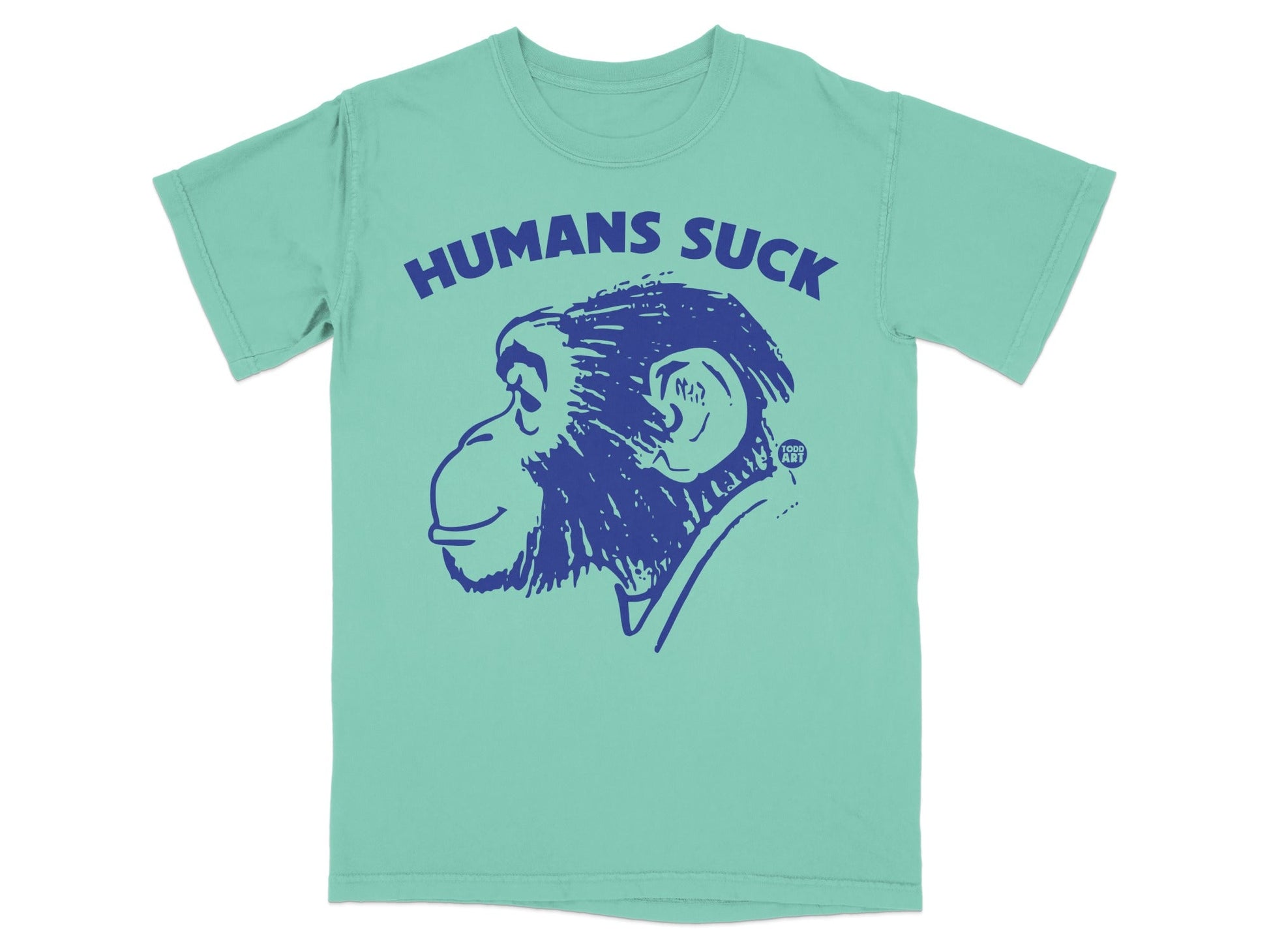 Teal t-shirt with a blue graphic of a chimpanzee head and "HUMANS SUCK" text.