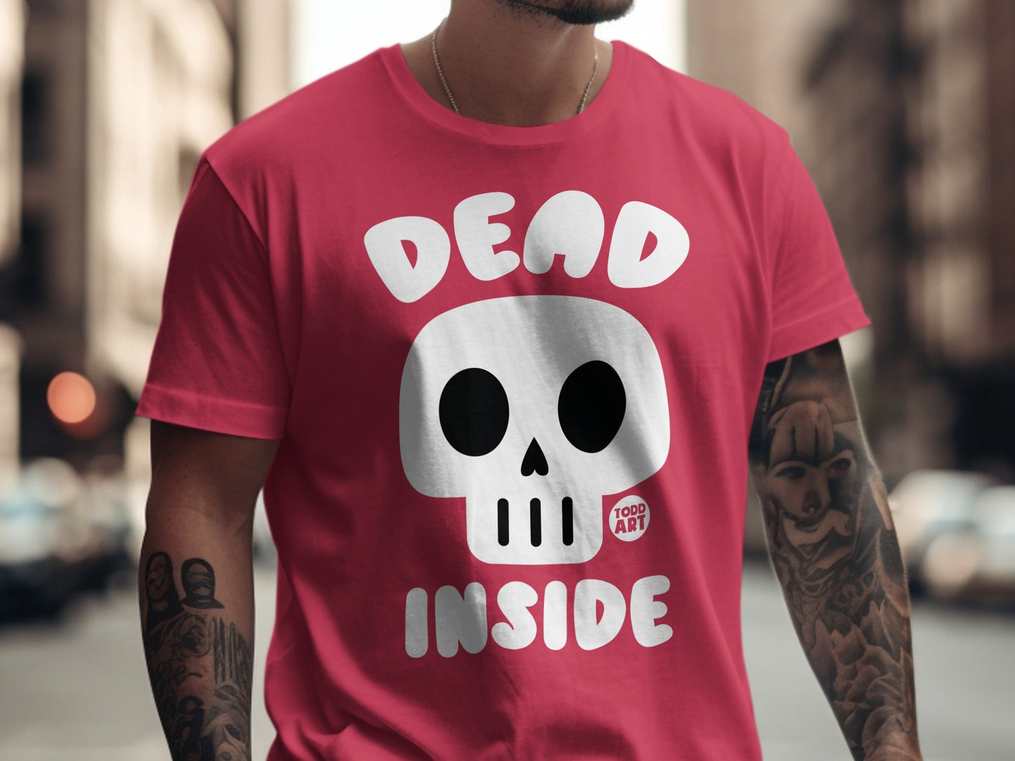 Red t-shirt with a skull graphic and "DEAD INSIDE" text.