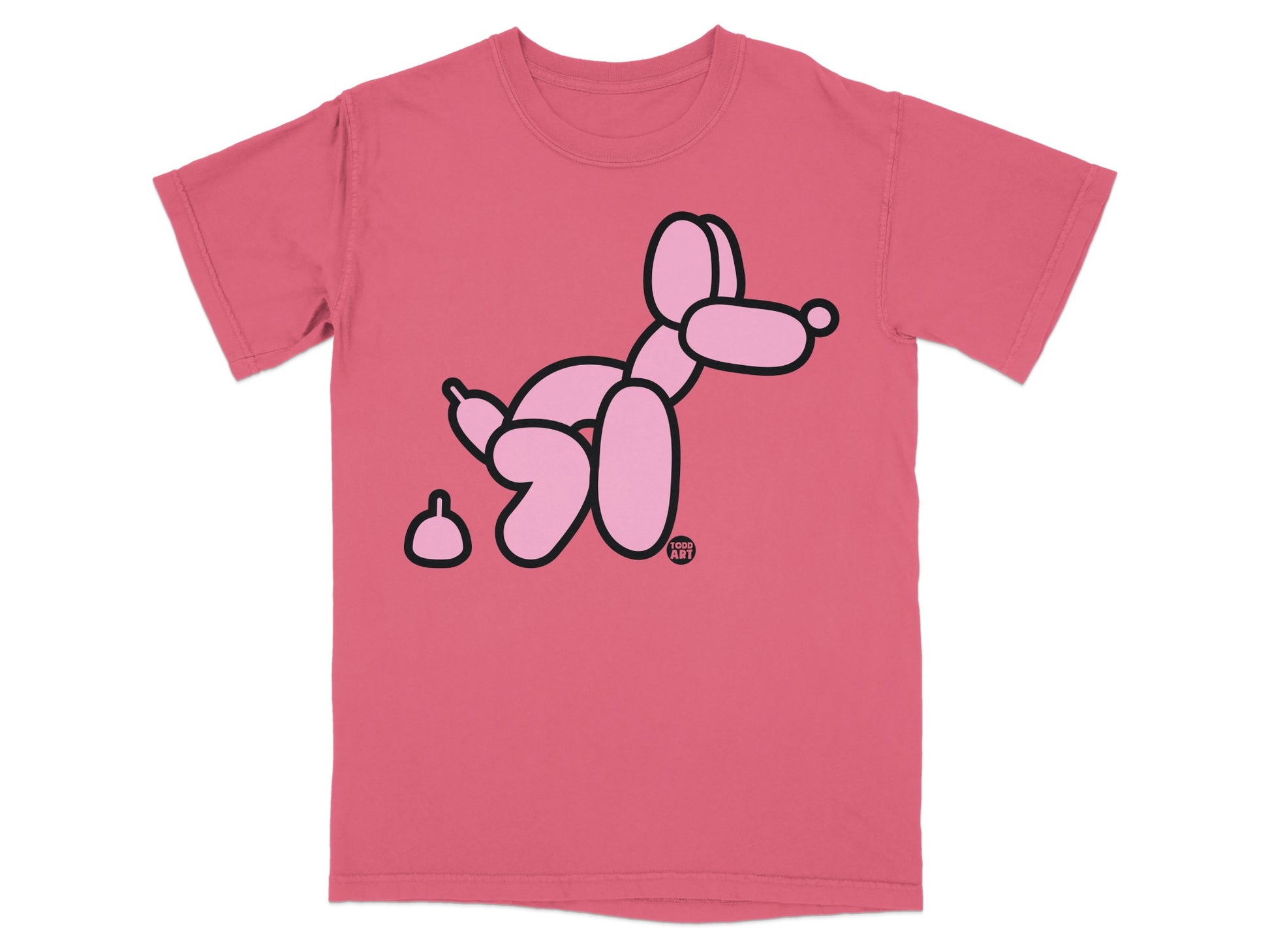 Pink t-shirt with a pink balloon dog and dog poop graphic.