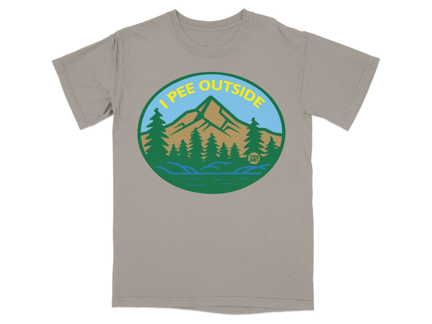 T-shirt with circular graphic of mountains, trees, and water, text "I PEE OUTSIDE".