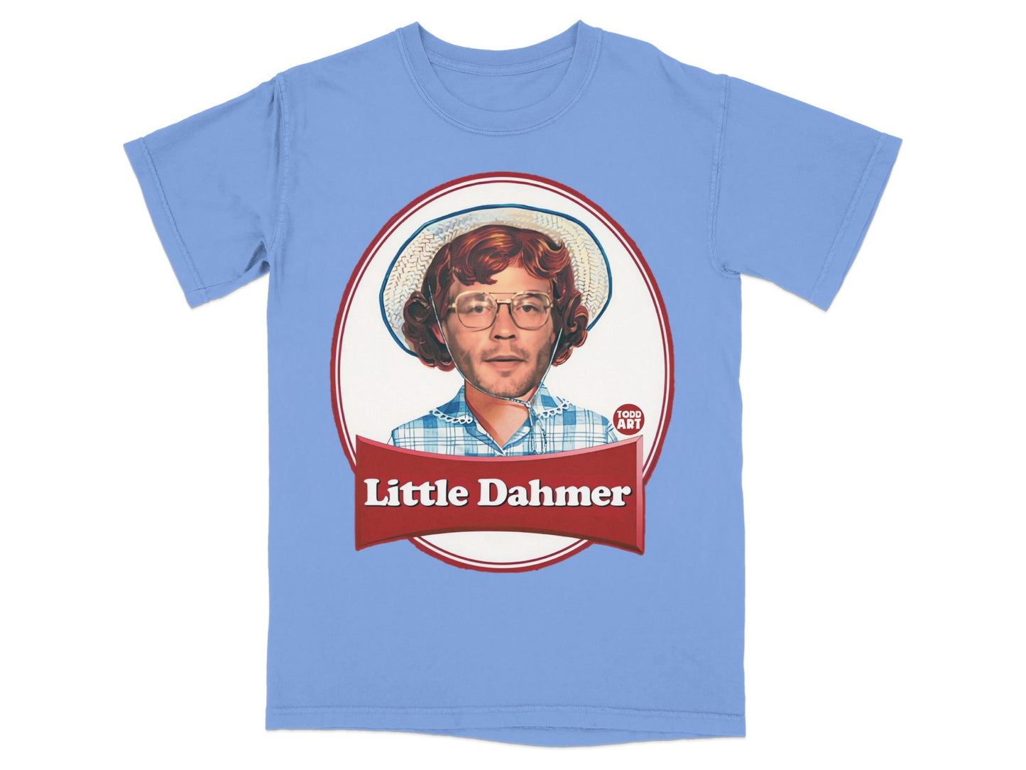 Blue t-shirt featuring "Little Dahmer" logo with man's portrait.