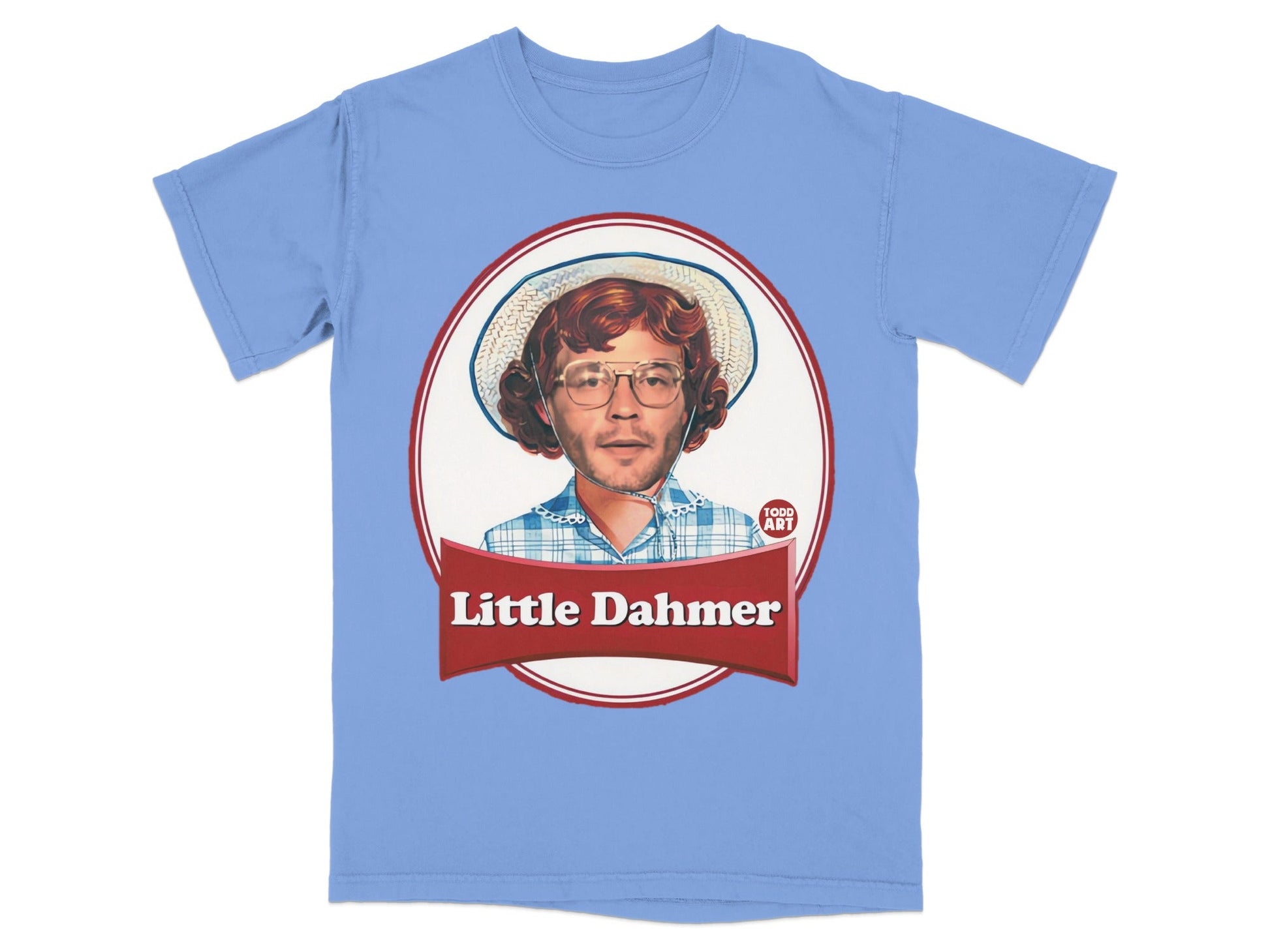 Blue t-shirt featuring "Little Dahmer" logo with man's portrait.