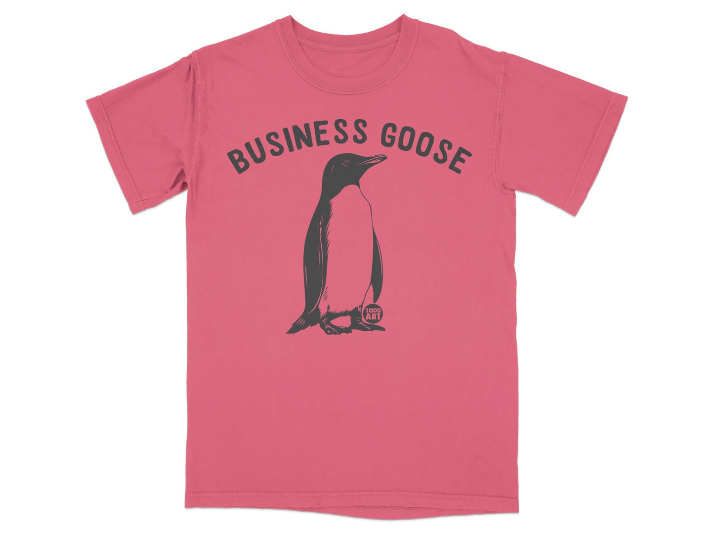 Penguin graphic with "BUSINESS GOOSE" text on pink t-shirt.