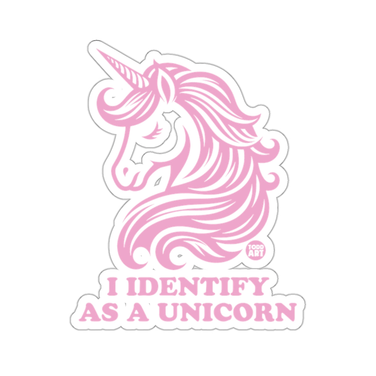 Pink unicorn head graphic with text "I IDENTIFY AS A UNICORN".