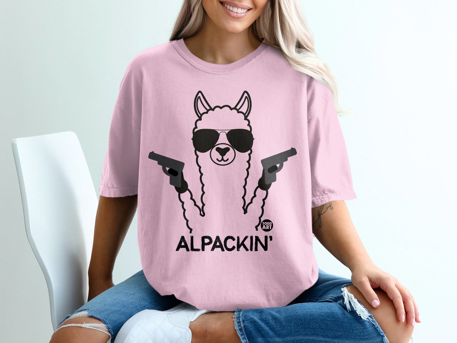 Funny Alpacakin' Guns Llama Graphic Pink Shirt