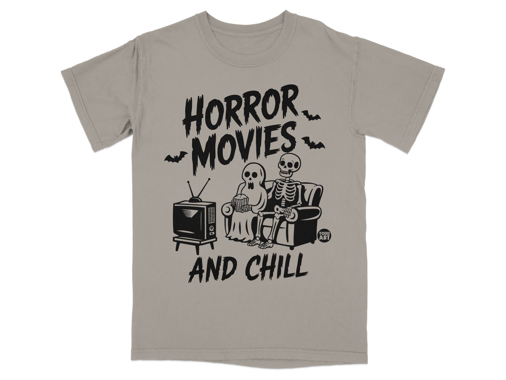Skeleton couple watching horror movies and chilling on a couch.