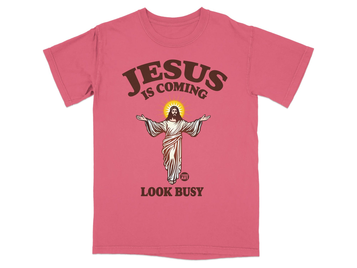 Pink t-shirt with Jesus is Coming graphic and sunburst.