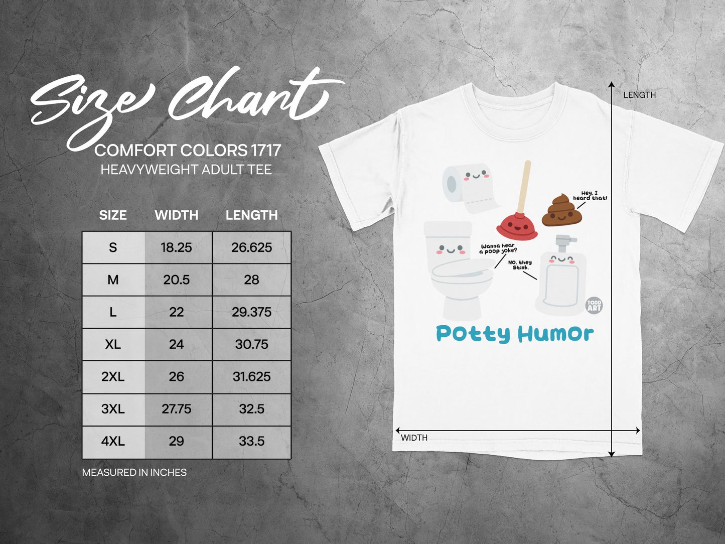 Size chart for Comfort Colors 1717 heavyweight adult tee with humorous toilet graphic.