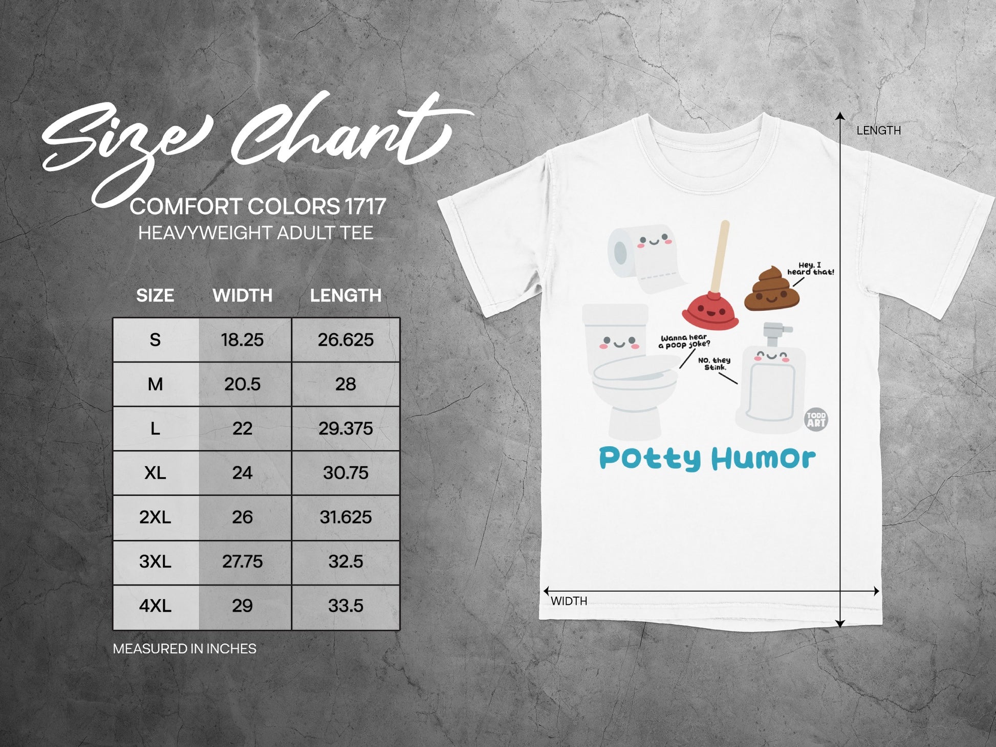 Size chart for Comfort Colors 1717 heavyweight adult tee with humorous toilet graphic.