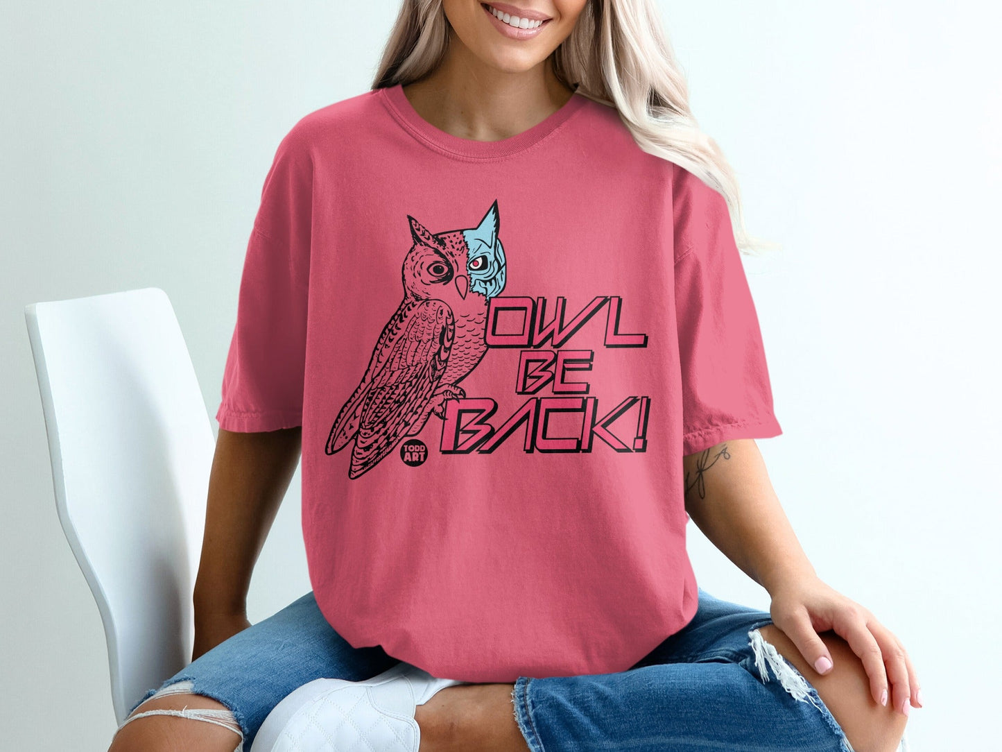 Pink t-shirt with black owl graphic and "OWL BE BACK!" text.