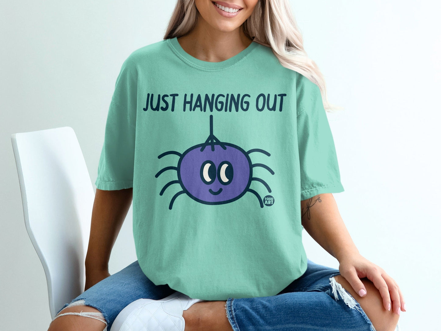 Just Hanging Out Cute Spider Graphic T-Shirt Casual Wear