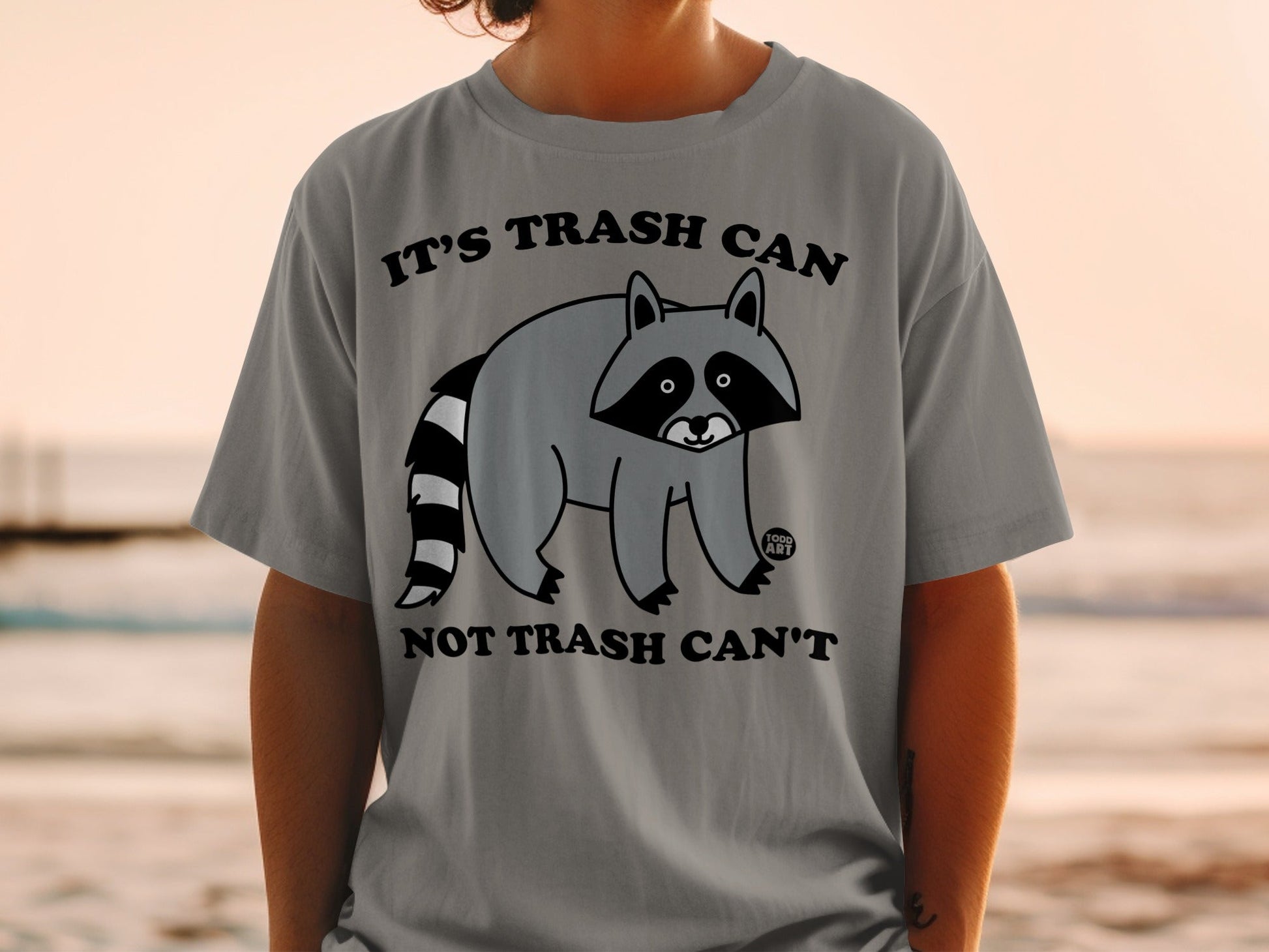 T-shirt with raccoon graphic and text "IT'S TRASH CAN NOT TRASH CAN'T".