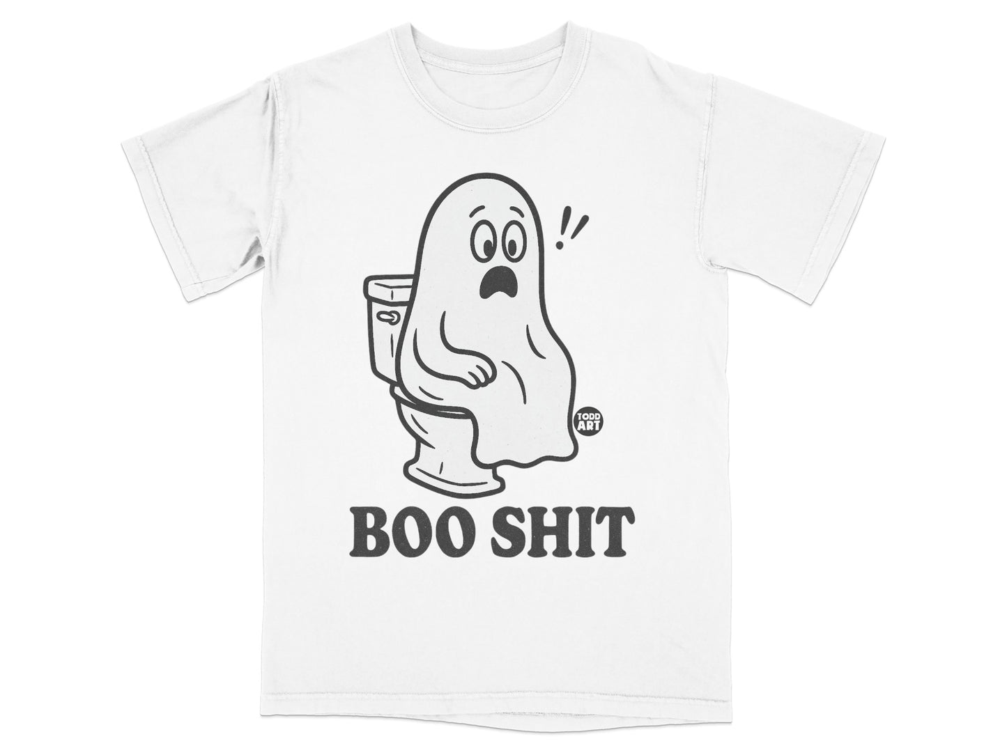 White t-shirt with black graphic of a ghost sitting on a toilet, text "BOO SHIT".