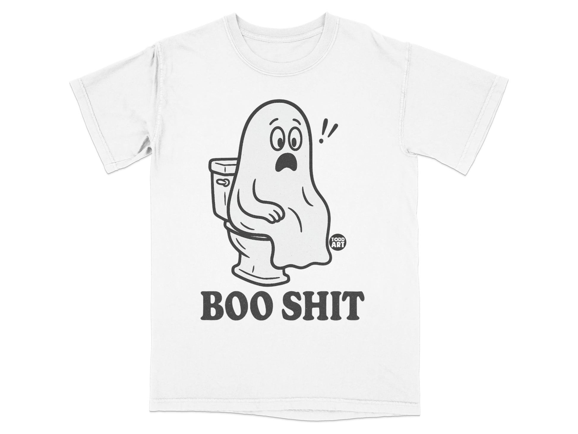White t-shirt with black graphic of a ghost sitting on a toilet, text "BOO SHIT".