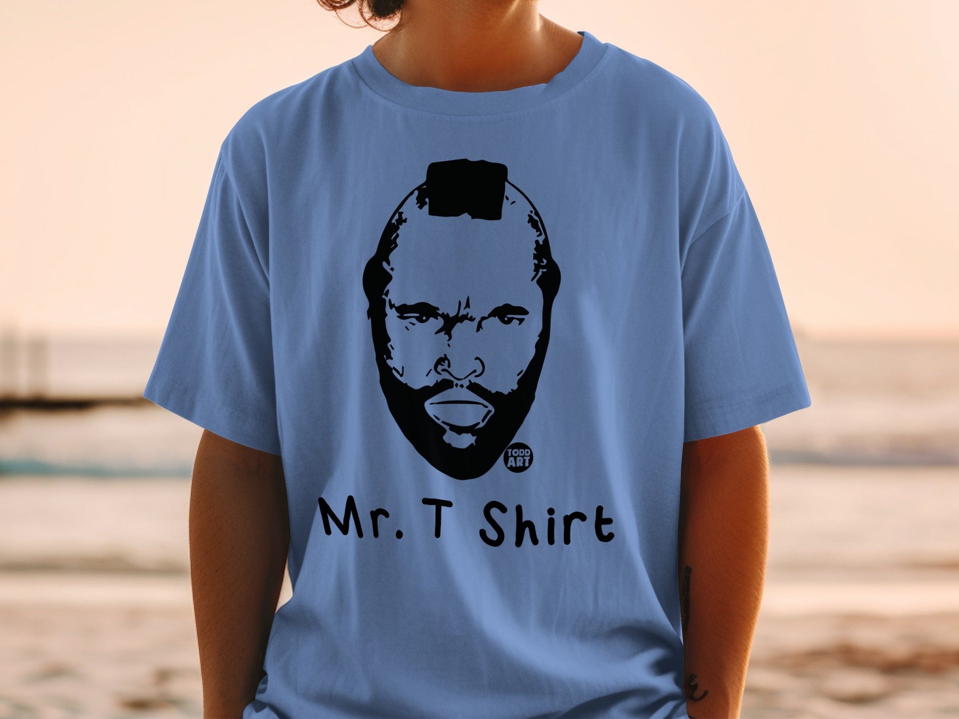 T-shirt with black graphic of Mr. T's face and "MR. T SHIRT" text.