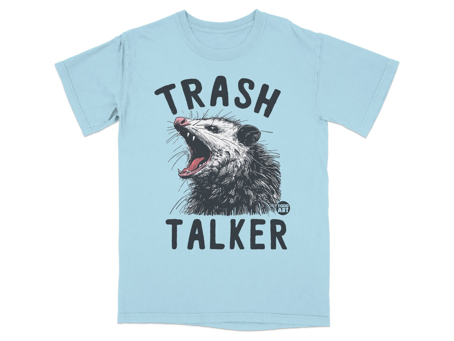 Light blue t-shirt with "TRASH TALKER" and a possum illustration.