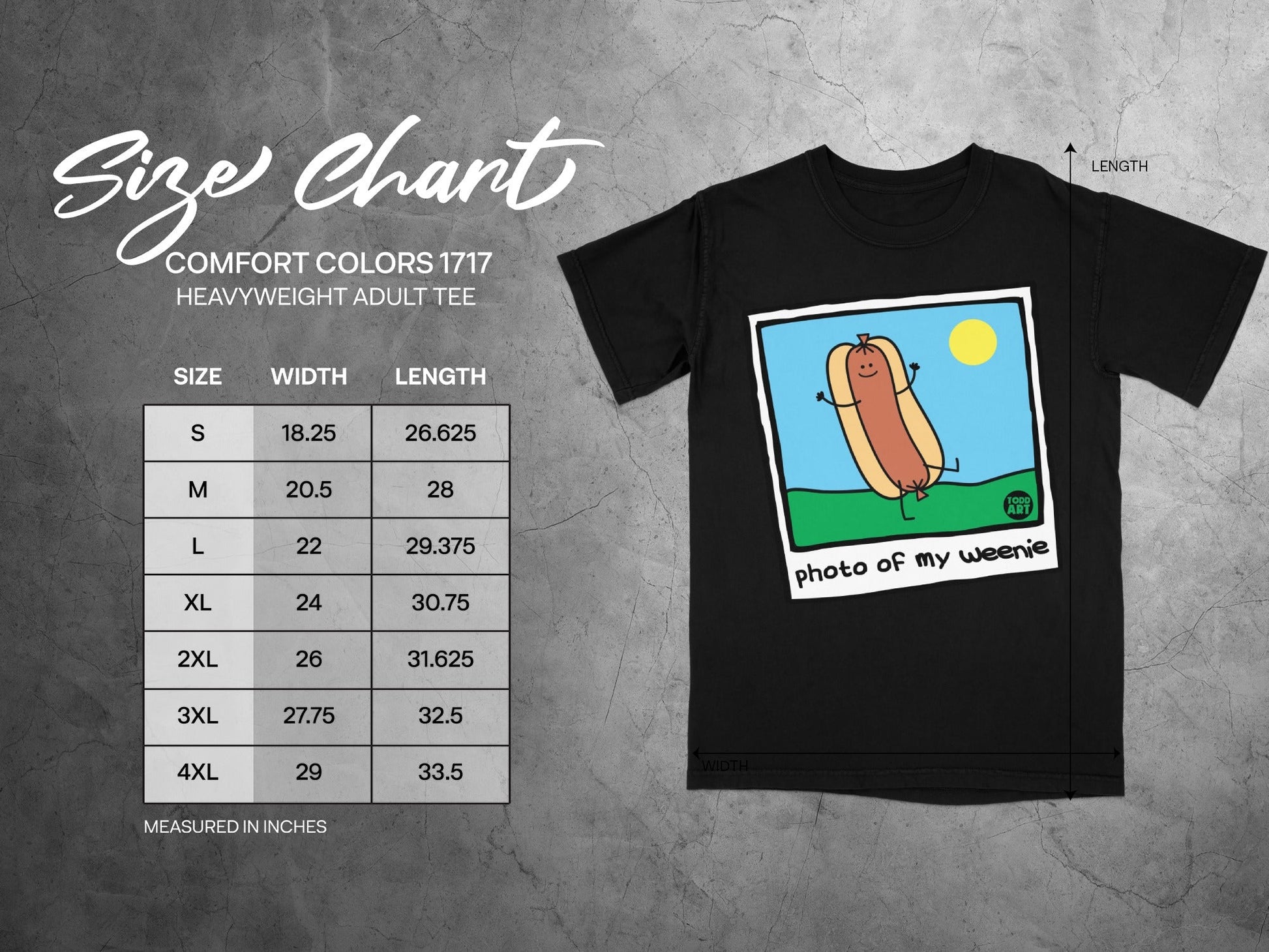 Comfort Colors 1717 size chart with cartoon hot dog graphic.