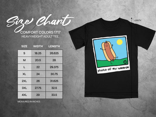 Comfort Colors 1717 size chart with cartoon hot dog graphic.