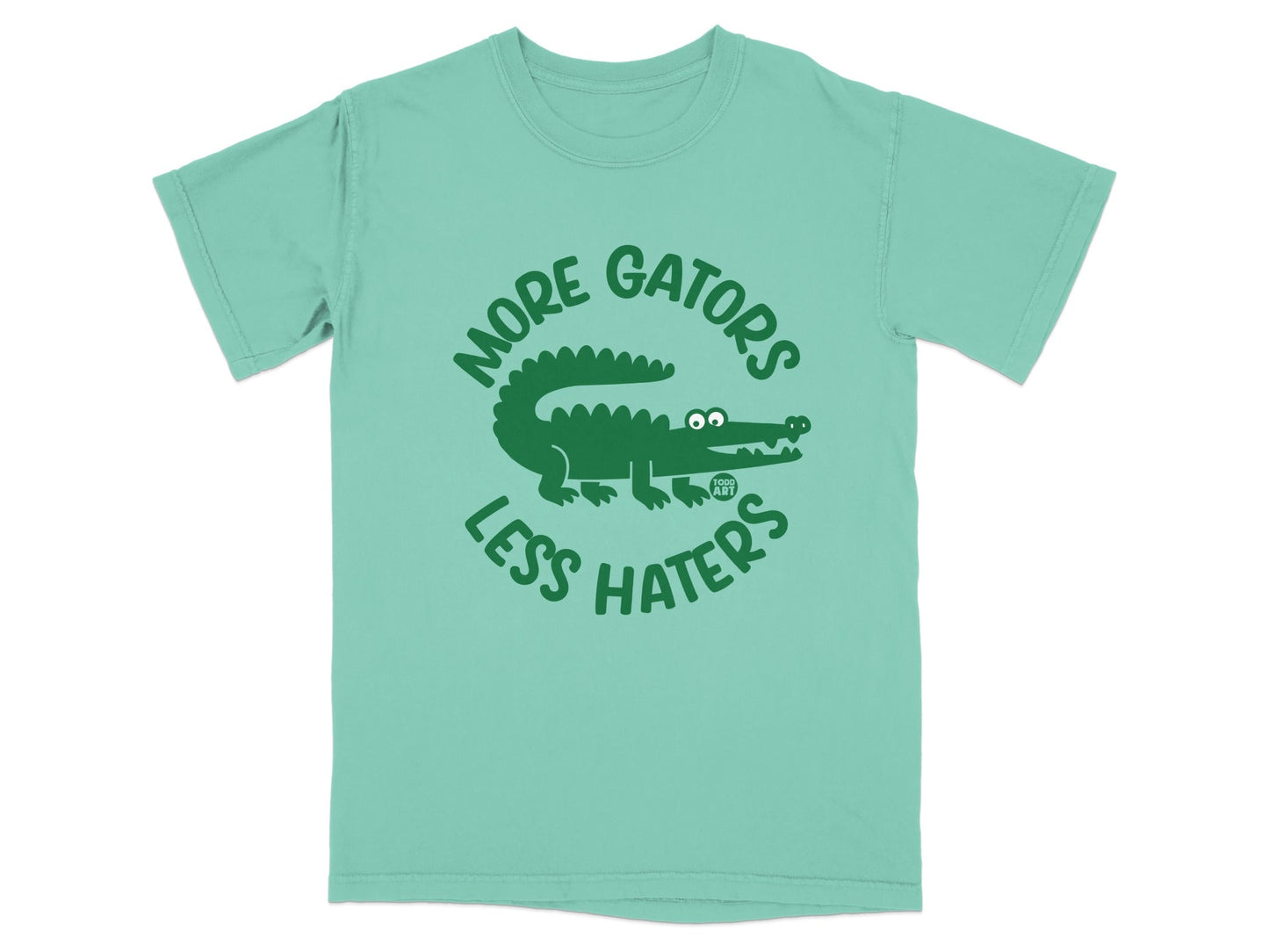 Teal t-shirt with green alligator graphic and text "MORE GATORS LESS HATERS".
