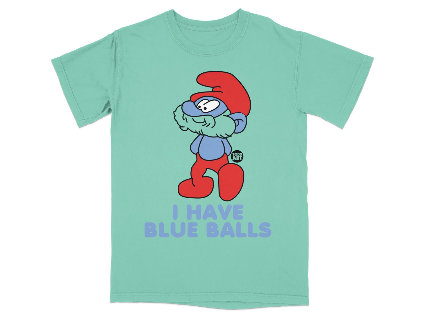 Smurf wearing a red hat and blue pants, with text "I HAVE BLUE BALLS".