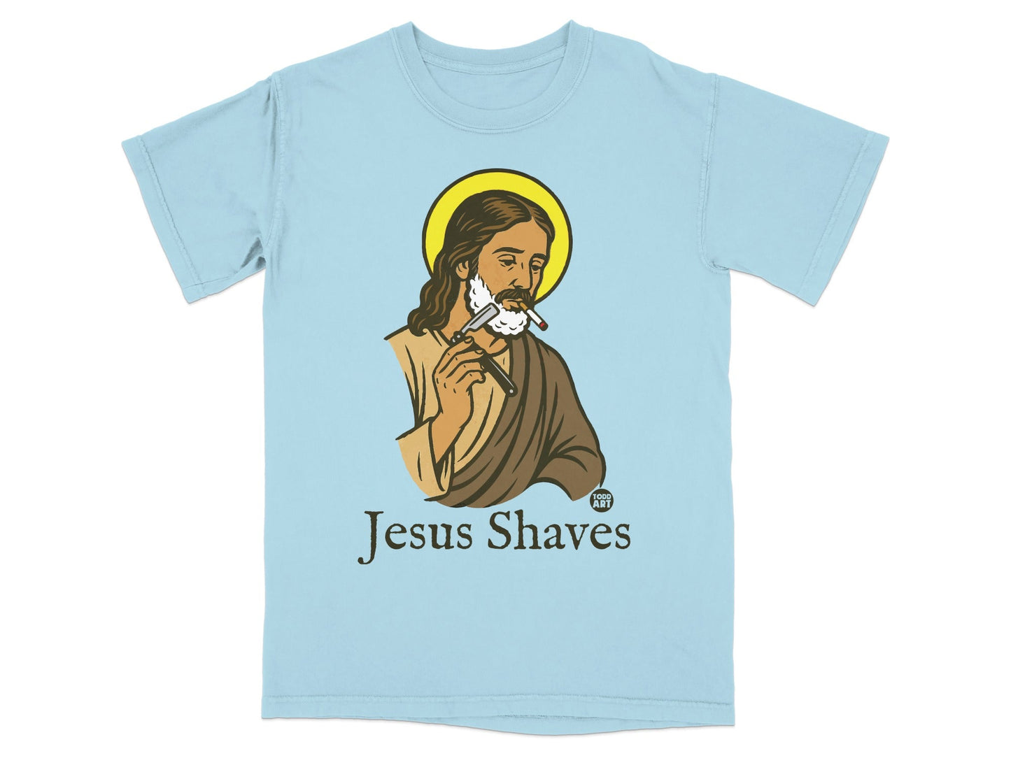 Light blue t-shirt with Jesus shaving himself, text "Jesus Shaves".