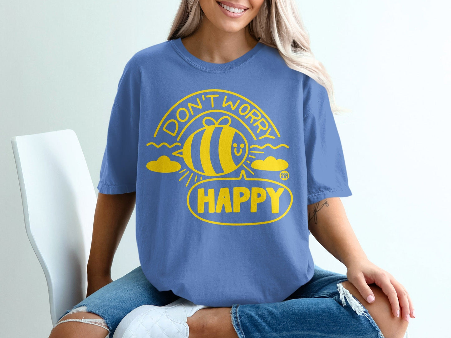 Blue Shirt with Yellow Don't Worry Happy Design