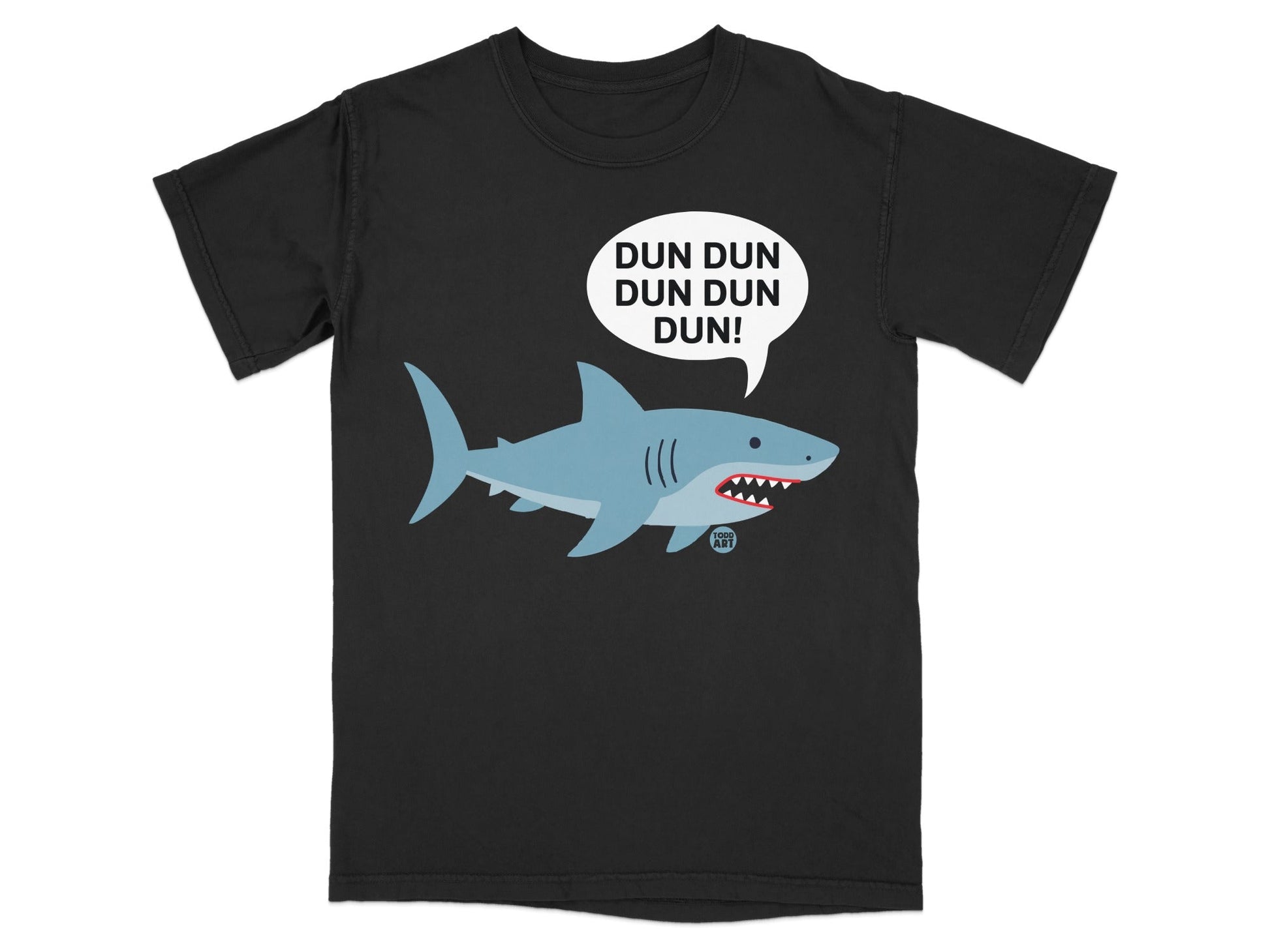 Black t-shirt with a cartoon shark and speech bubble saying "DUN DUN DUN DUN".