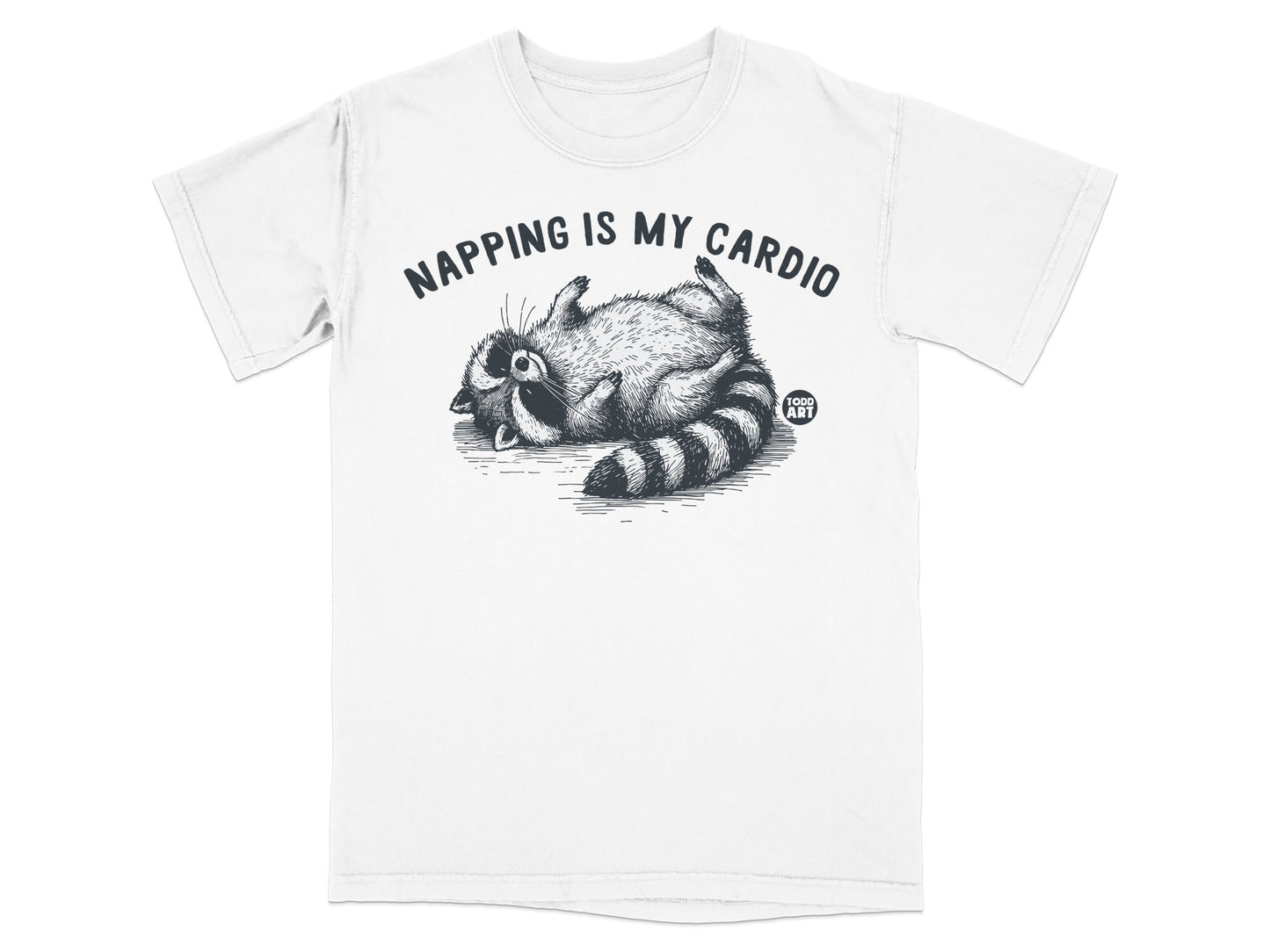 White t-shirt with raccoon doing a backbend, "Napping is My Cardio" text.