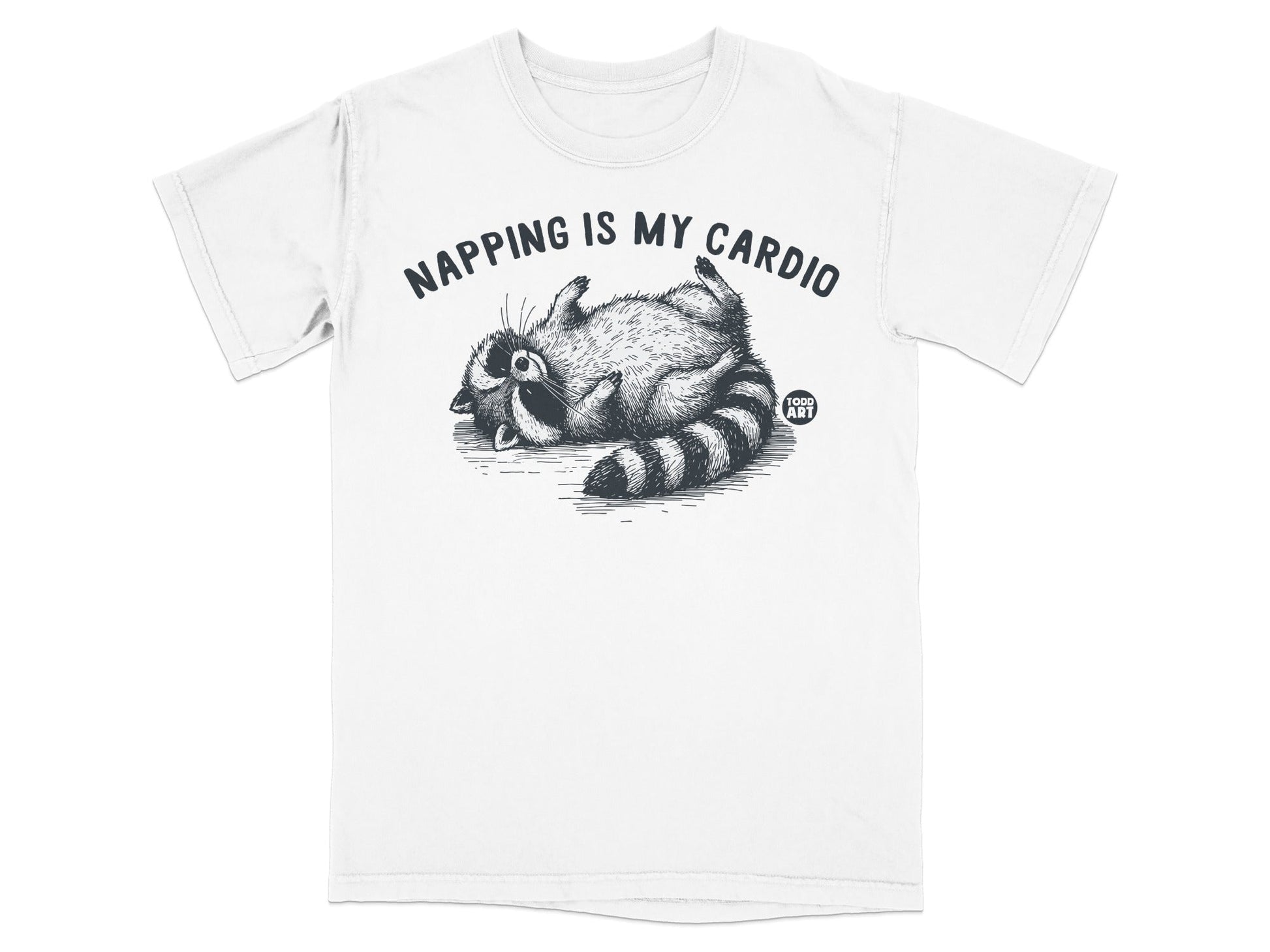 White t-shirt with raccoon doing a backbend, "Napping is My Cardio" text.