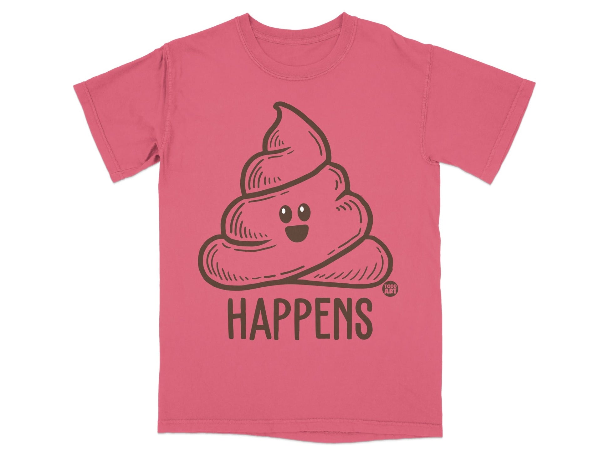 Coral t-shirt with a cartoon pile of poop emoji and the word "HAPPENS".